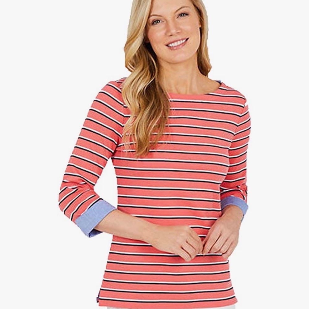 Nautical Striped Cotton Top With Denim Triim